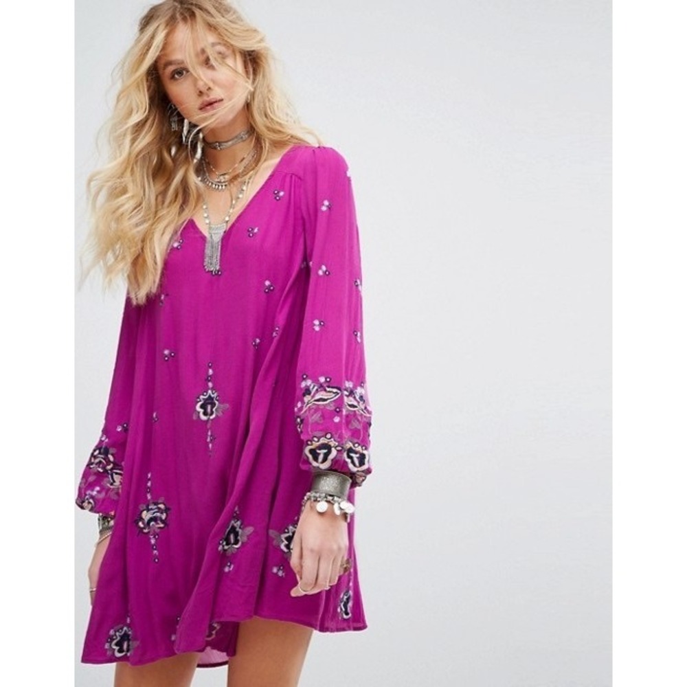 Free People Smooth Talker Embroidered Mini Dress Magenta Purple Boho Size M
